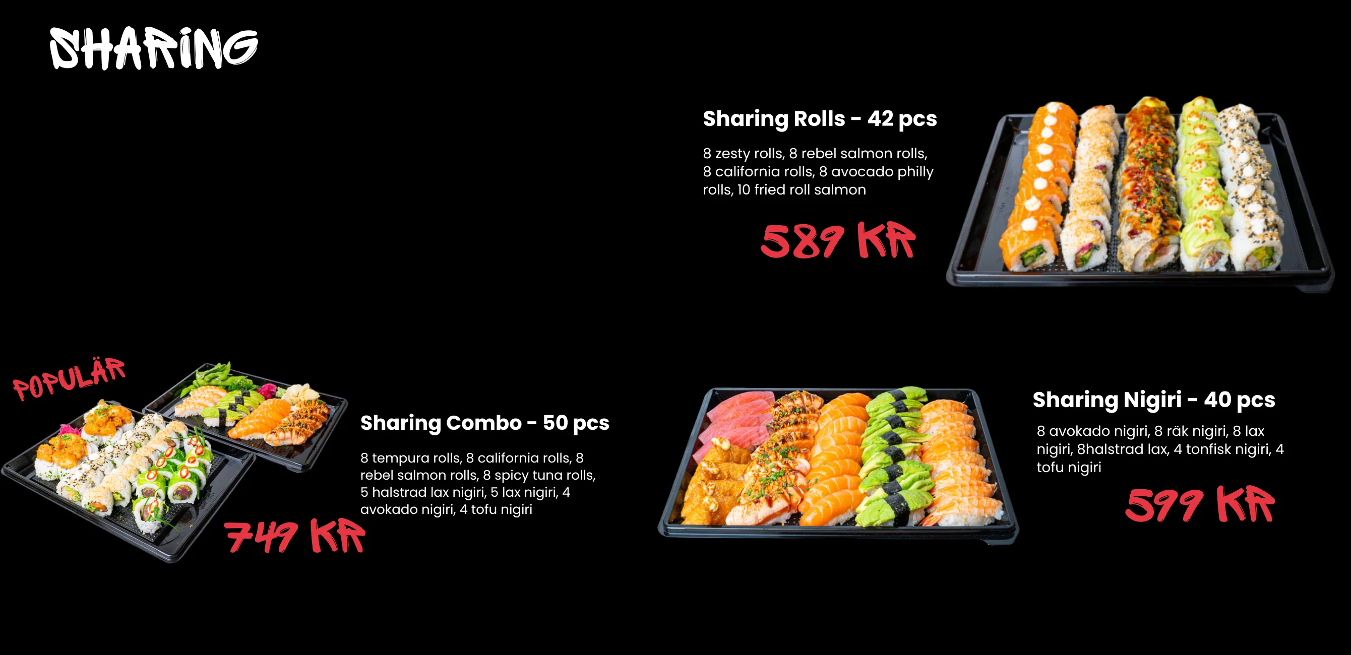 Sharing-menyn fotograferad: Sharing Combo 50 bitar 749 kr, Sharing Rolls 42 bitar 589 kr och Sharing Nigiri 40 bitar 599 kr